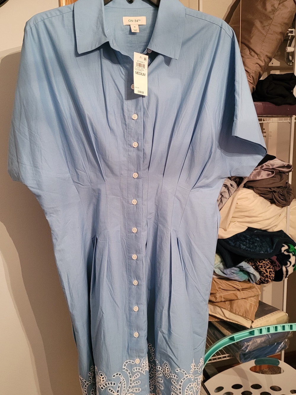 Light Blue Button-Front Shirt Dress with Embroidered Hem